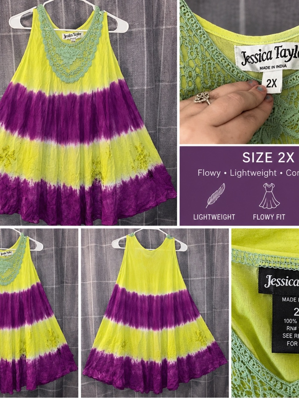 Jessica Taylor Plus Size 2X Tie-Dye Scoop Neck Tank Top in Yellow & Purple